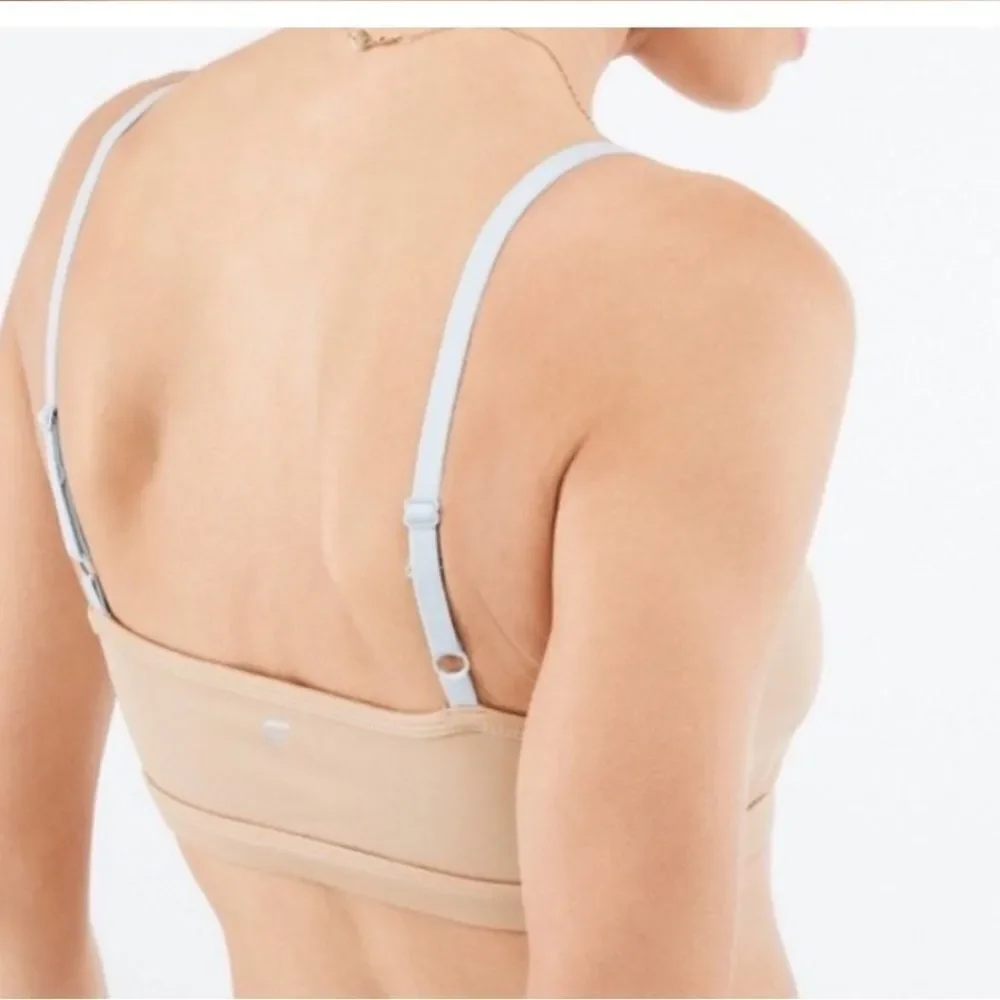 Fabletics Makayla Bra Low Impact Cinch Front Tan With Blue Straps Size L NWT